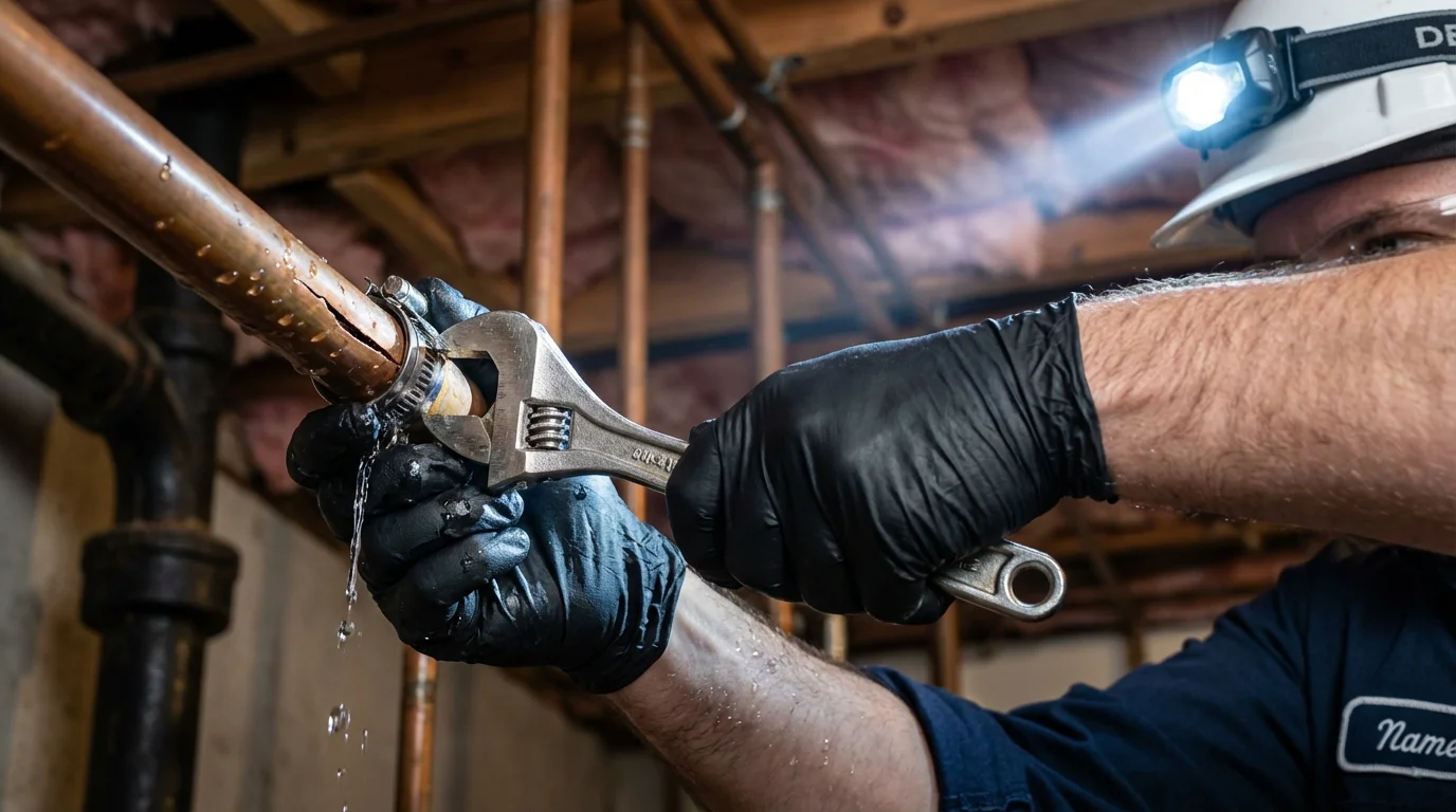 Emergency pipe clamp repair being performed by a Johns Plumbing LLC plumber in Webster