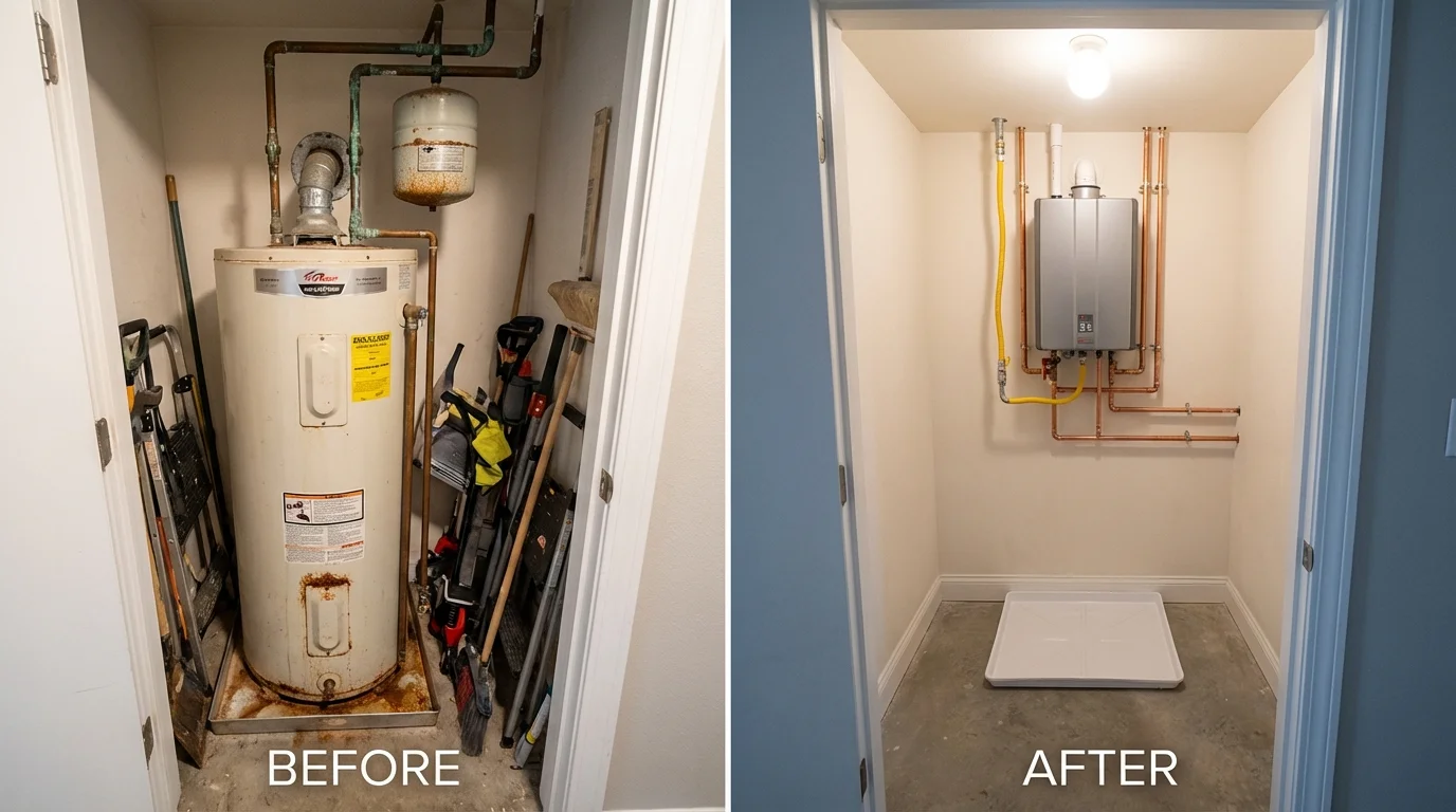 Tank water heater versus wall-mounted tankless unit comparison for Webster, NY homeowners