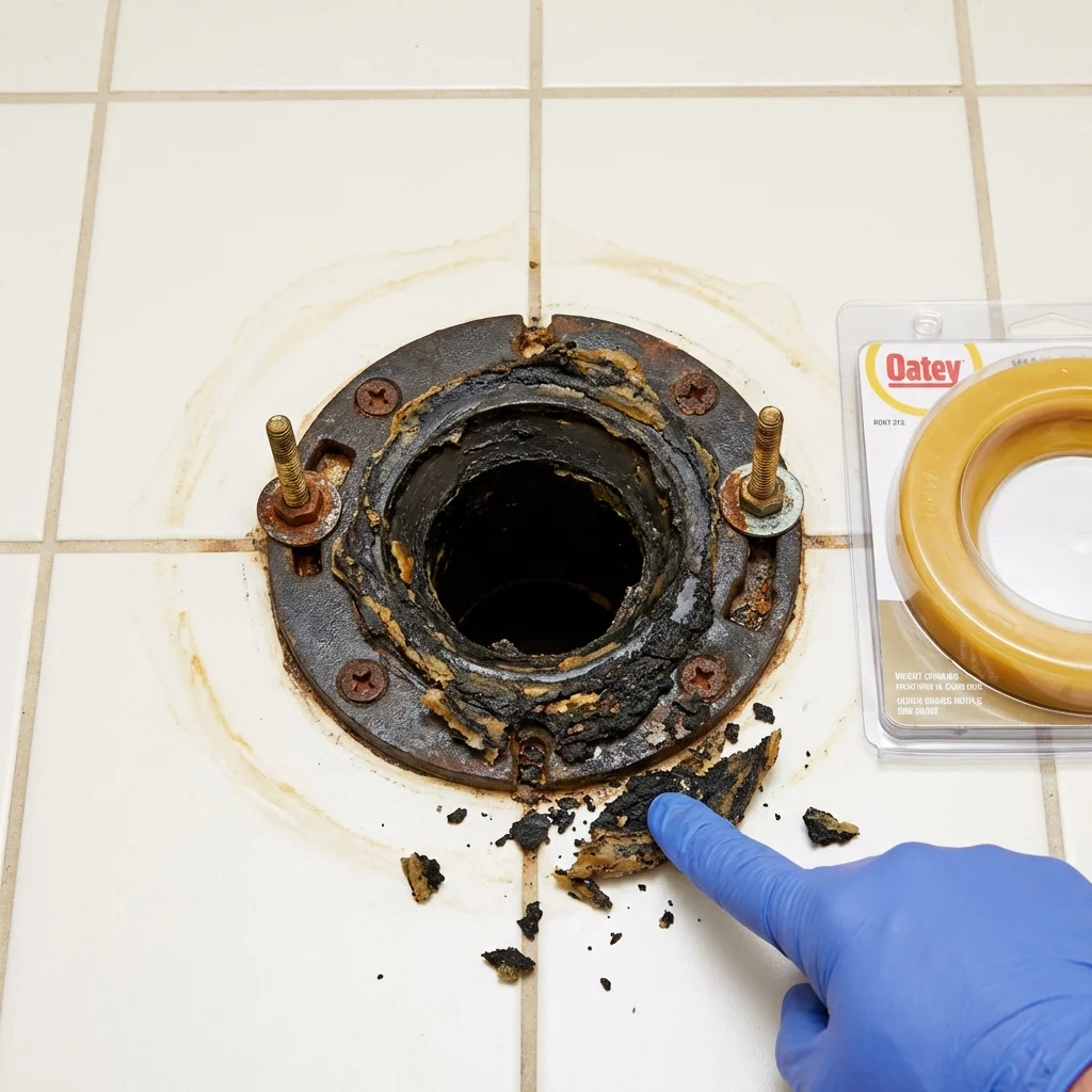 Failed wax ring showing water seepage at the base of a toilet in a Webster, NY home