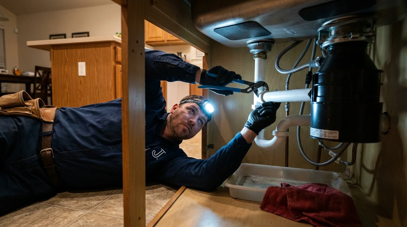P-trap and supply line connections under a kitchen sink showing a common leak point in Webster, NY